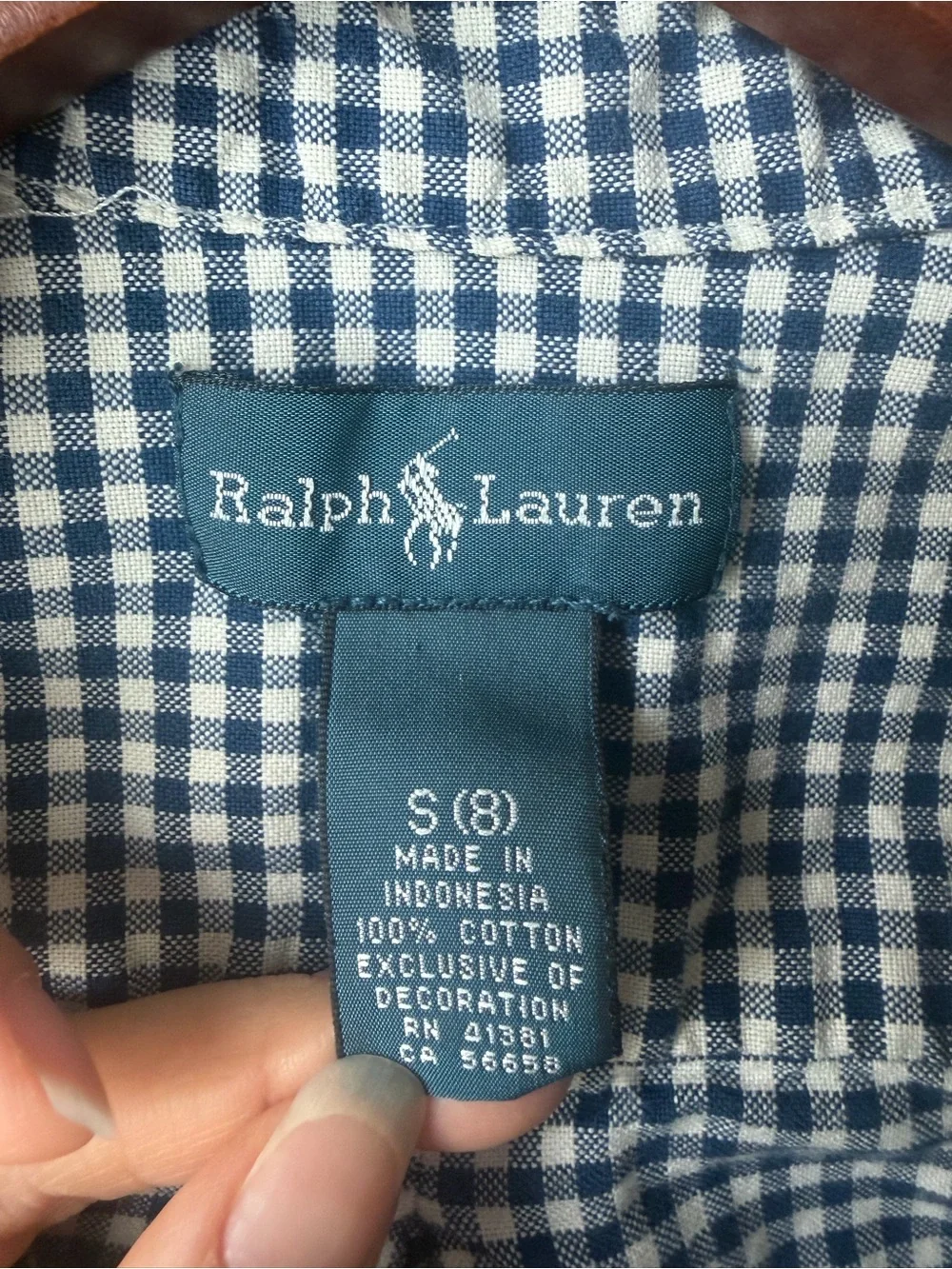 Ralph Lauren Boys Navy and White Gingham Button-Down Shirt size small (8) cotton